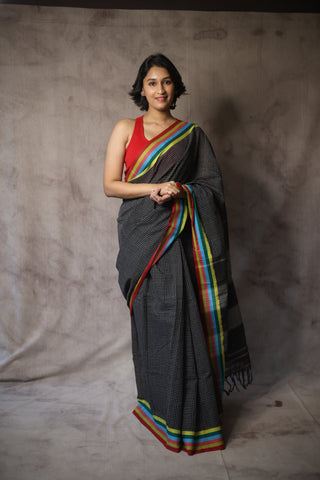 Black Big Checks Cotton Patteda Anchu Saree With Multicoloured Border -SRBPAS72