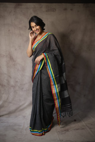 Black Big Checks Cotton Patteda Anchu Saree With Multicoloured Border -SRBPAS72