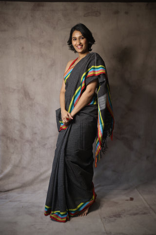 Black Big Checks Cotton Patteda Anchu Saree With Multicoloured Border -SRBPAS72