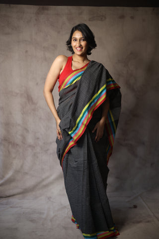 Black Big Checks Cotton Patteda Anchu Saree With Multicoloured Border -SRBPAS72