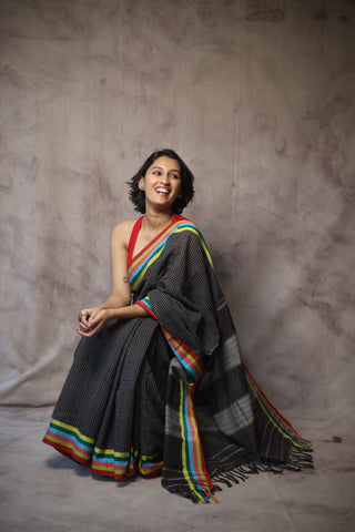 Black Big Checks Cotton Patteda Anchu Saree With Multicoloured Border -SRBPAS72