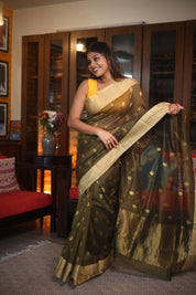 Olive Green Chanderi Cotton Silk Saree - SROGCSS321