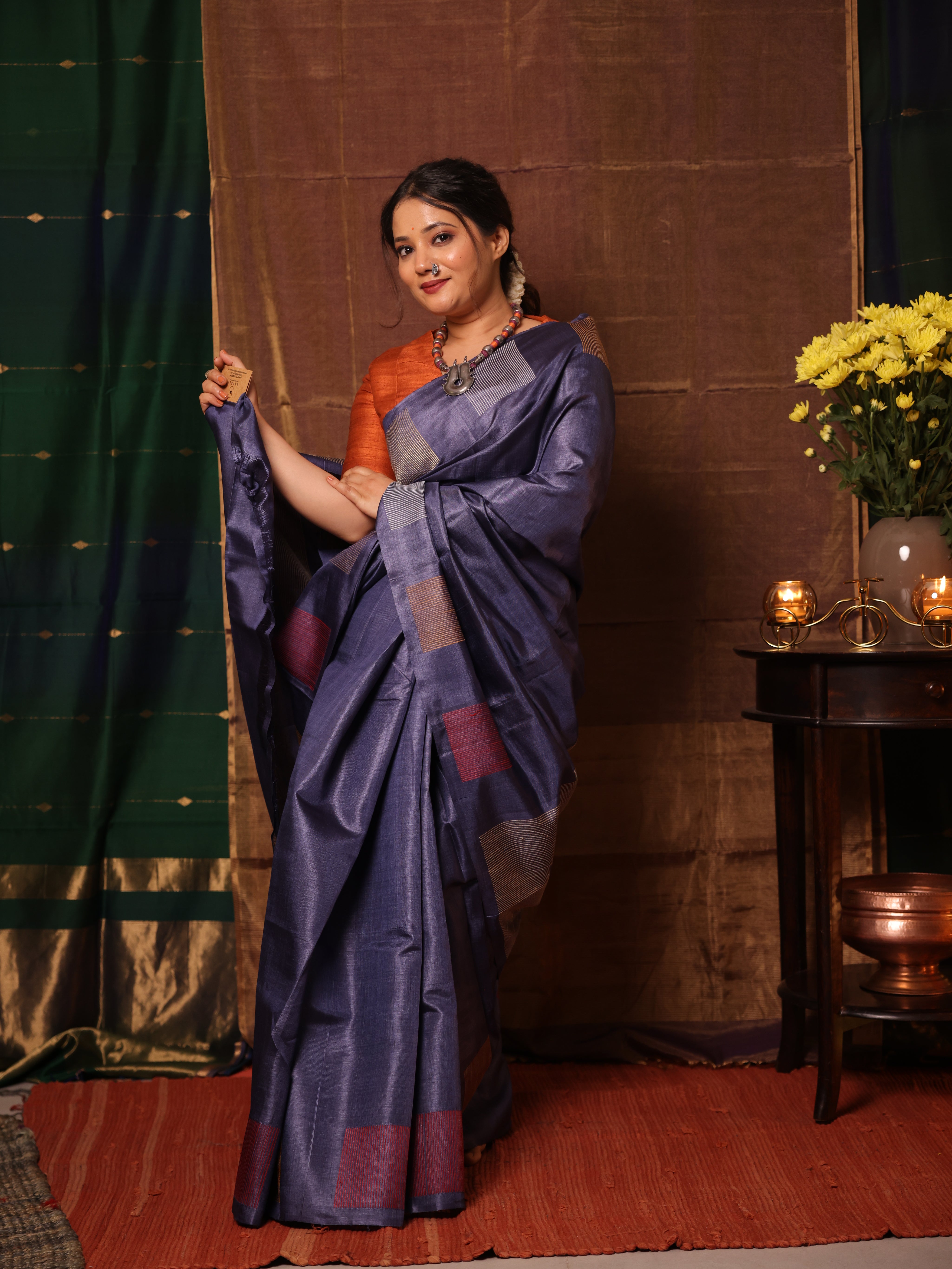 Slate Blue Tussar Silk Saree - SRSBTSS1905