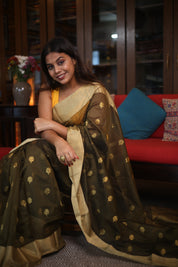 Olive Green Chanderi Cotton Silk Saree - SROGCSS321