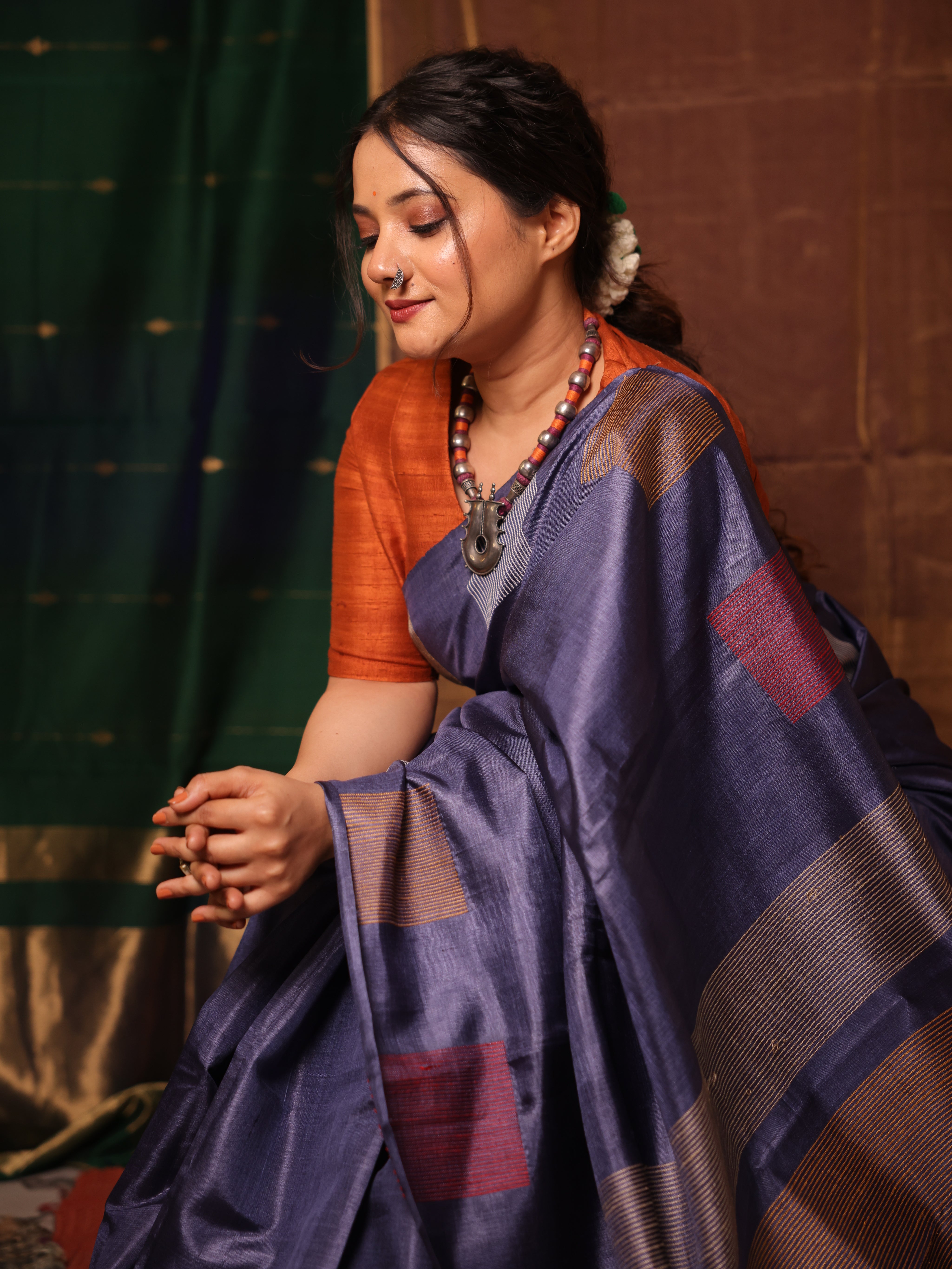 Slate Blue Tussar Silk Saree - SRSBTSS1905