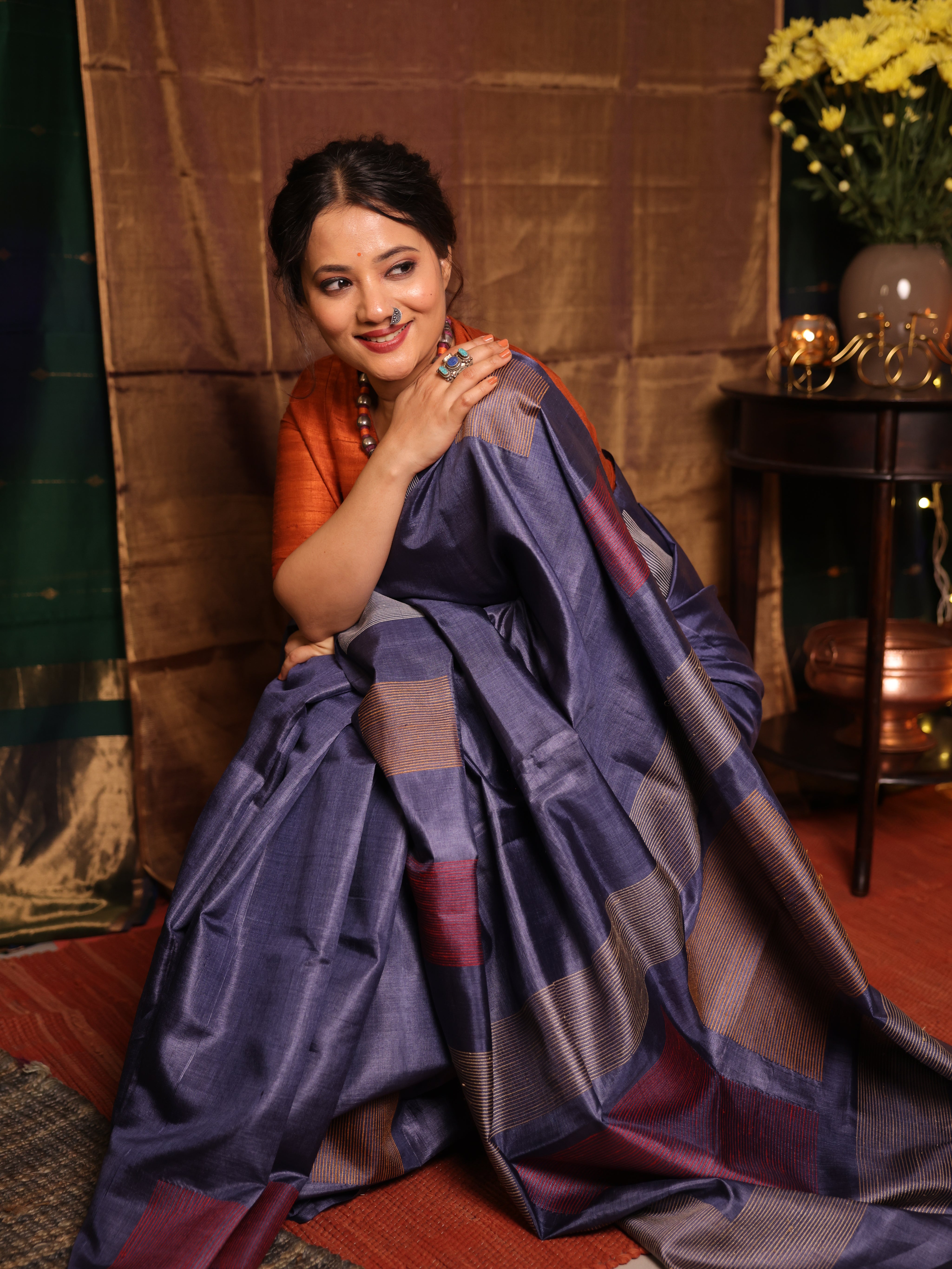 Slate Blue Tussar Silk Saree - SRSBTSS1905