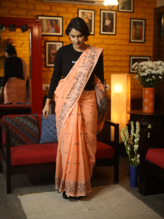 Peach Mul Cotton Jamdani Saree-SRPMCJS133