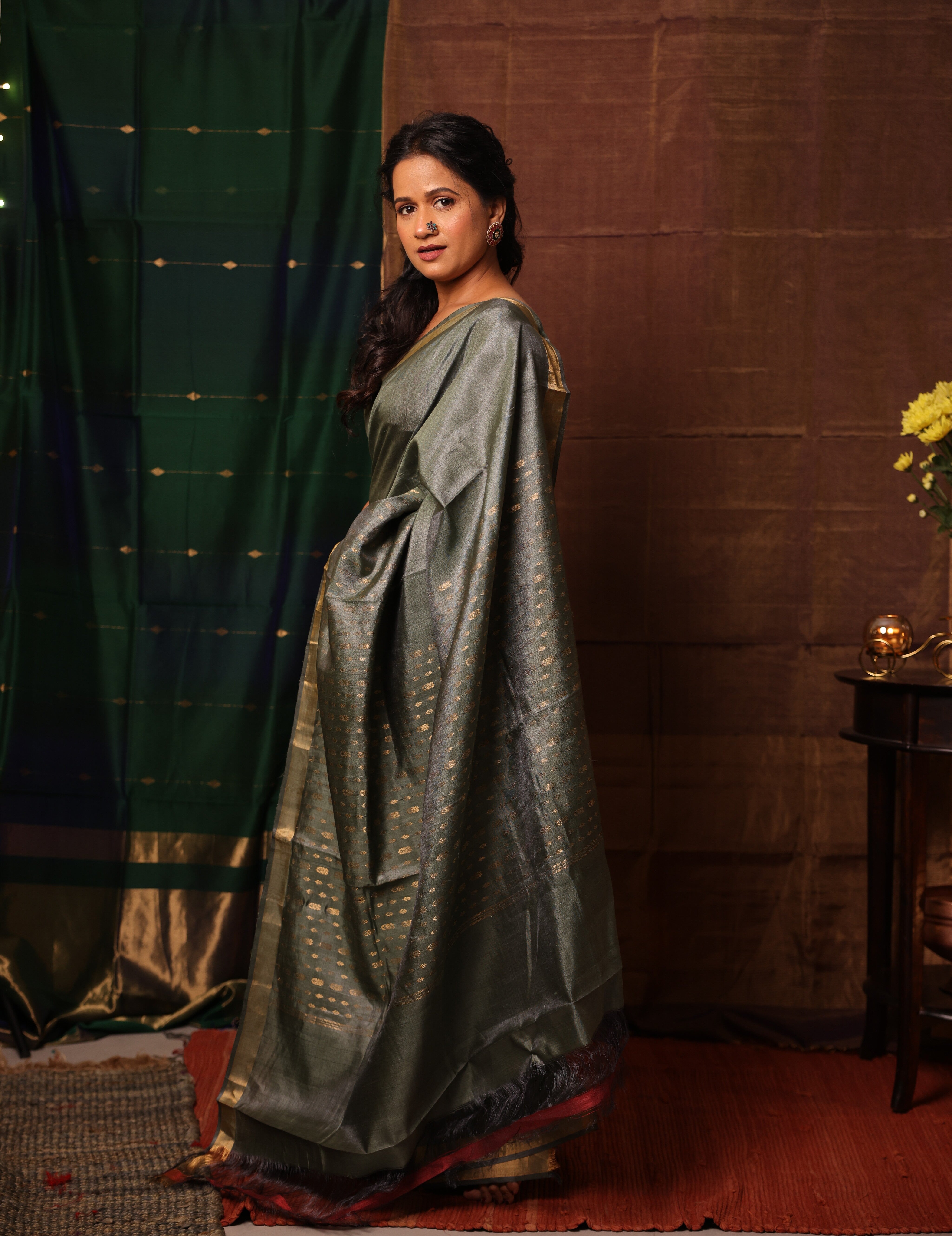 Sage Green Tussar Silk Saree - SRSGTSS1918