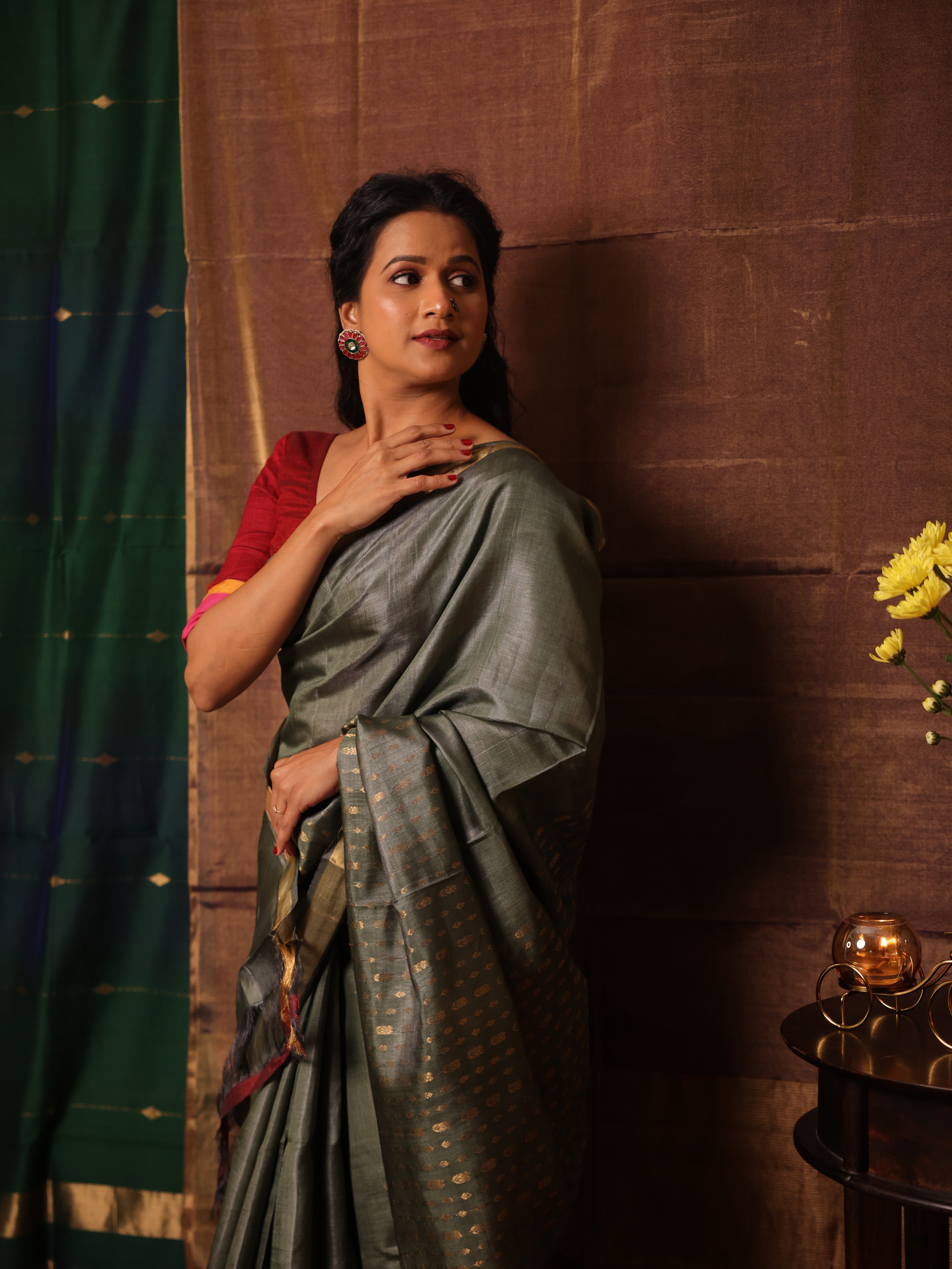 Sage Green Tussar Silk Saree - SRSGTSS1918