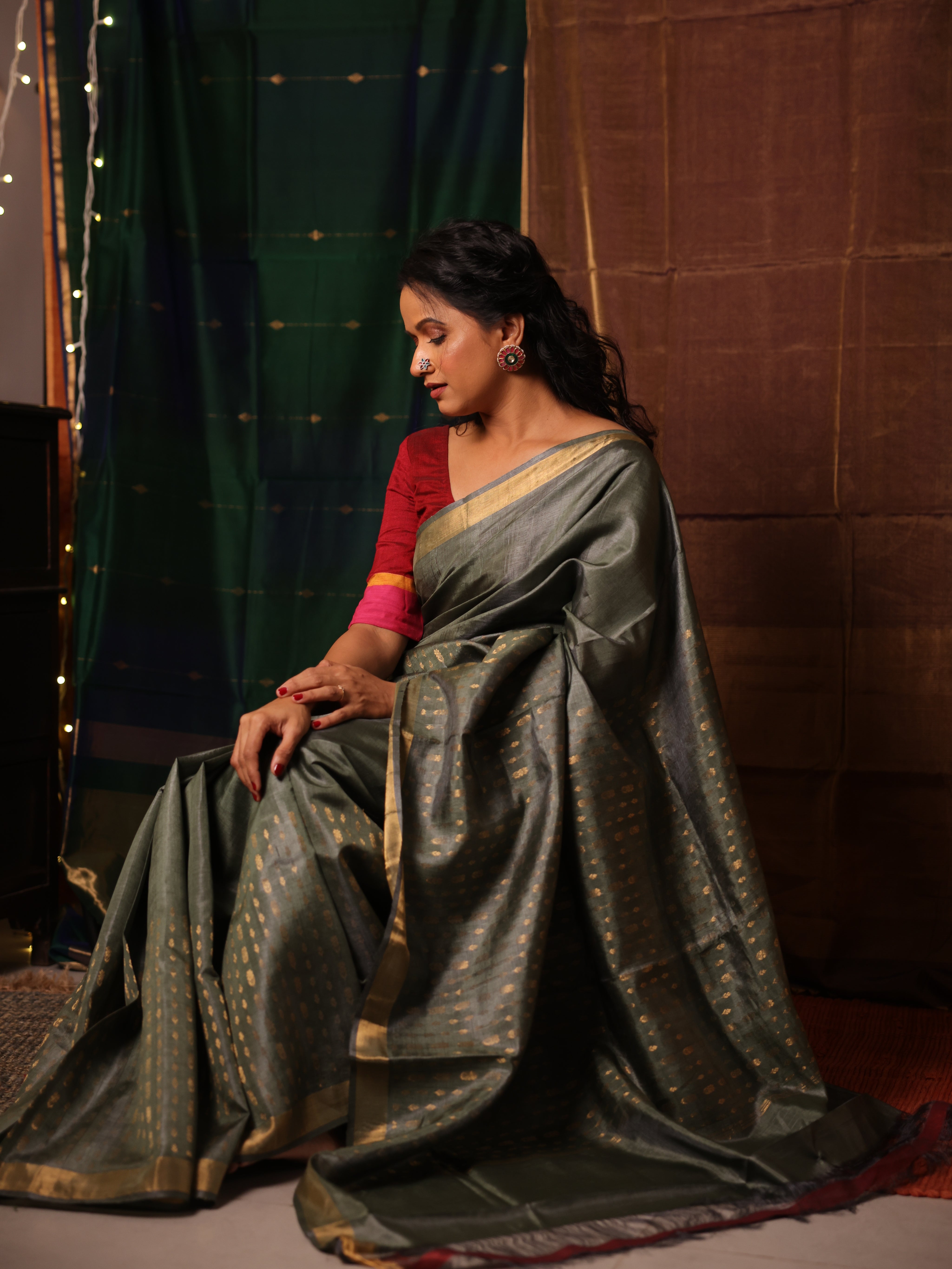 Sage Green Tussar Silk Saree - SRSGTSS1918