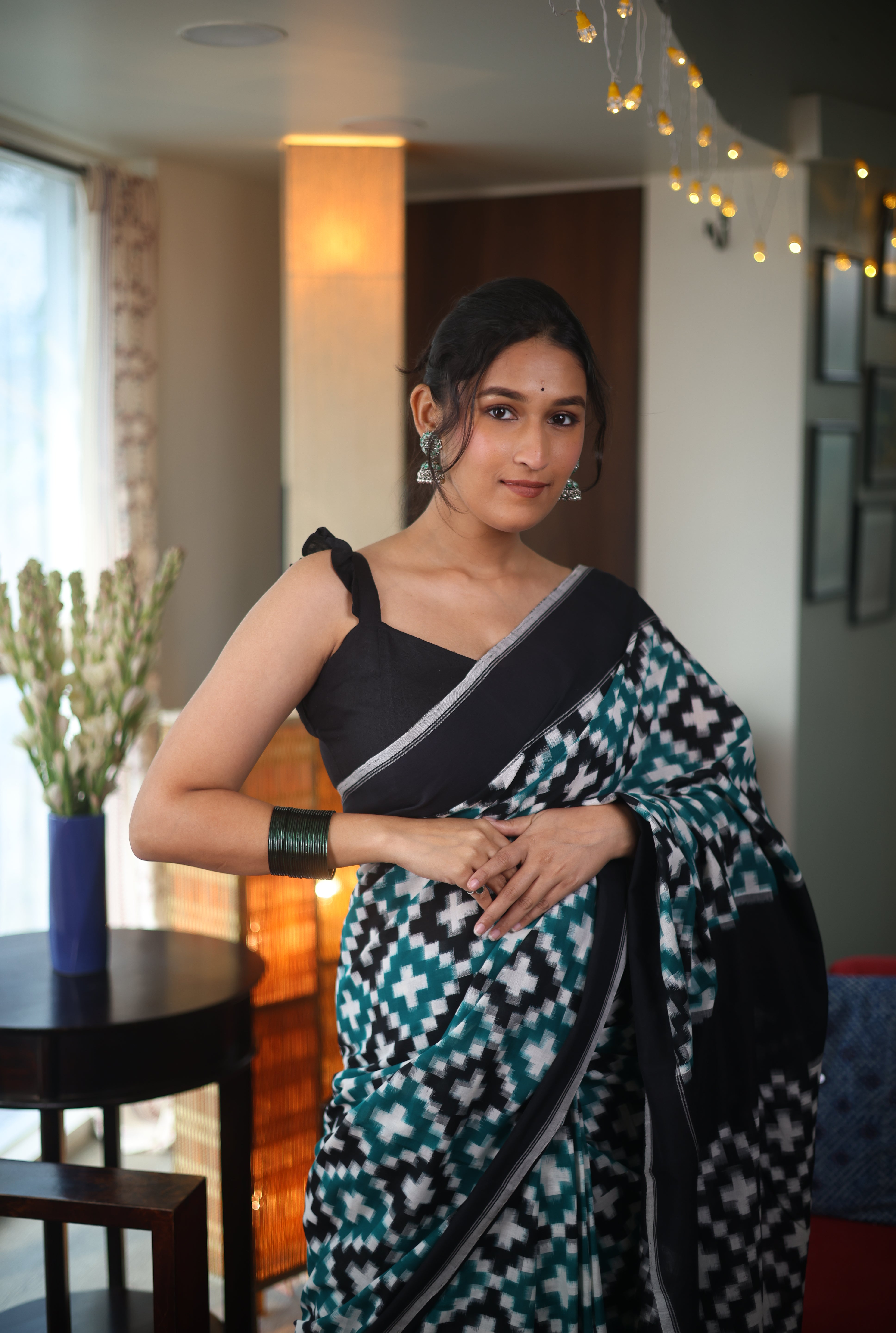 Green-Black Pochampalli Cotton Ikat Saree - SRGBPCIS347