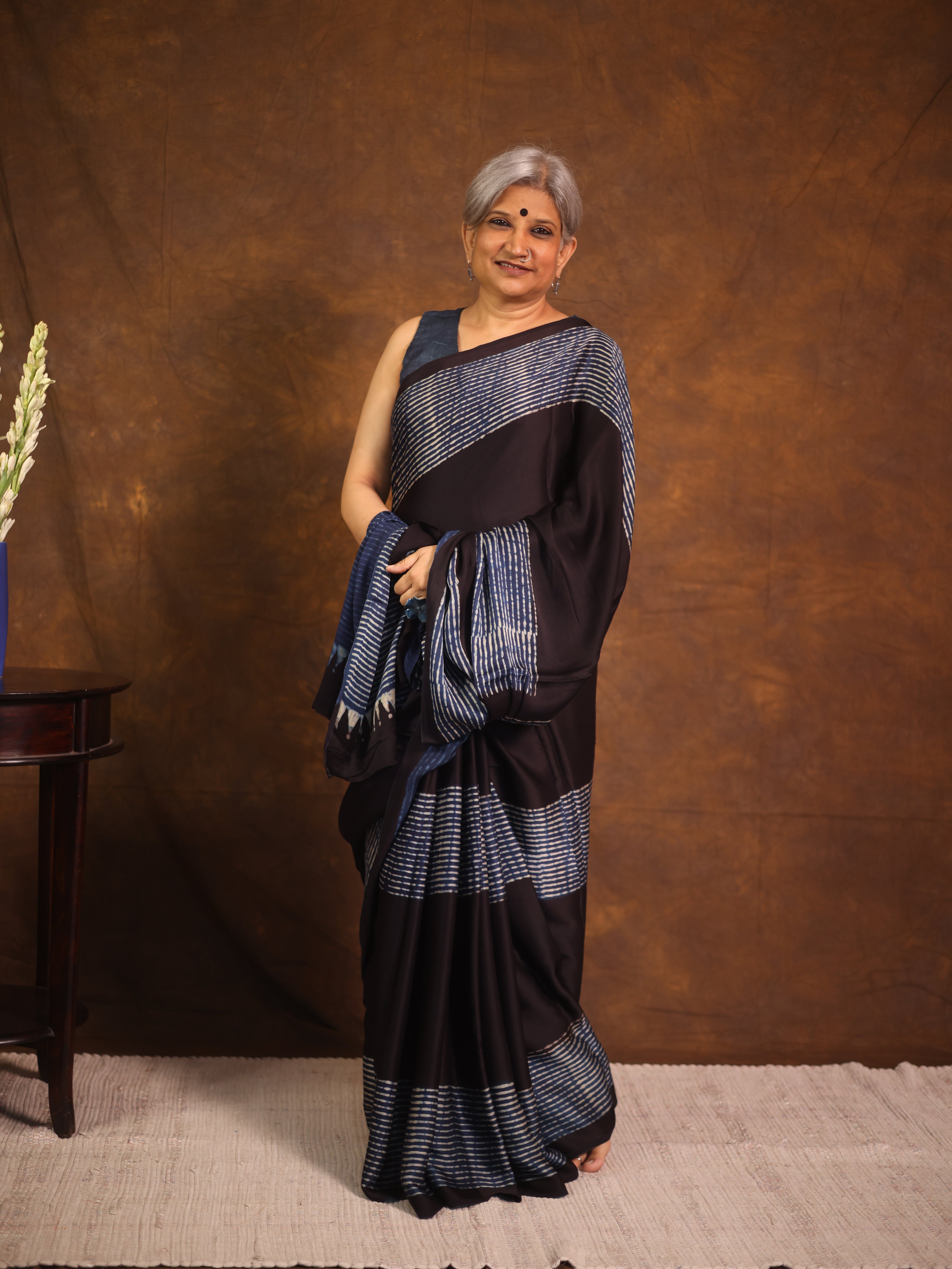 Navy Blue Striped  HBP Modal Silk Saree - SRNMSS559