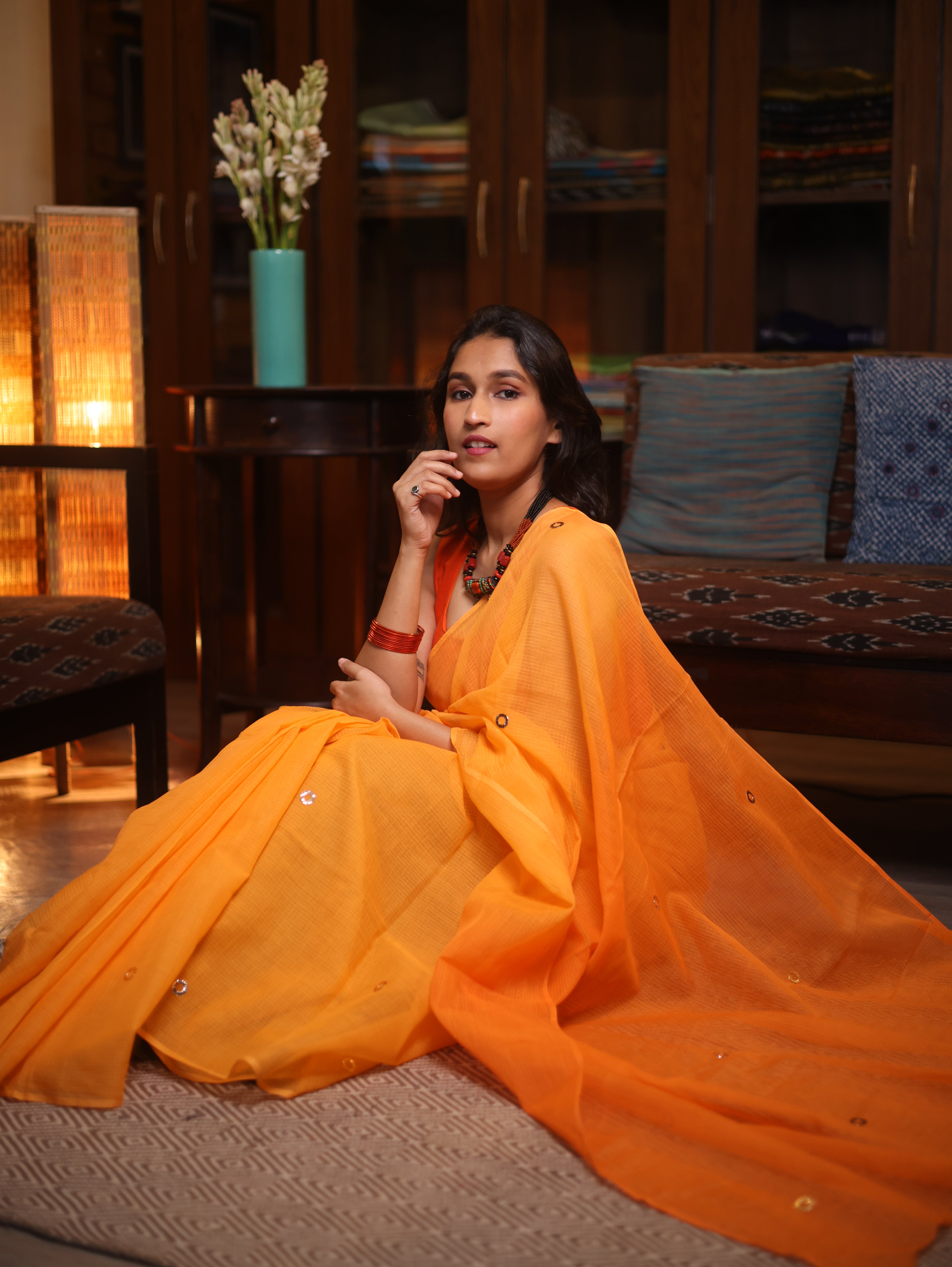 Orange HBP Kota Doria Saree - SROKDS122