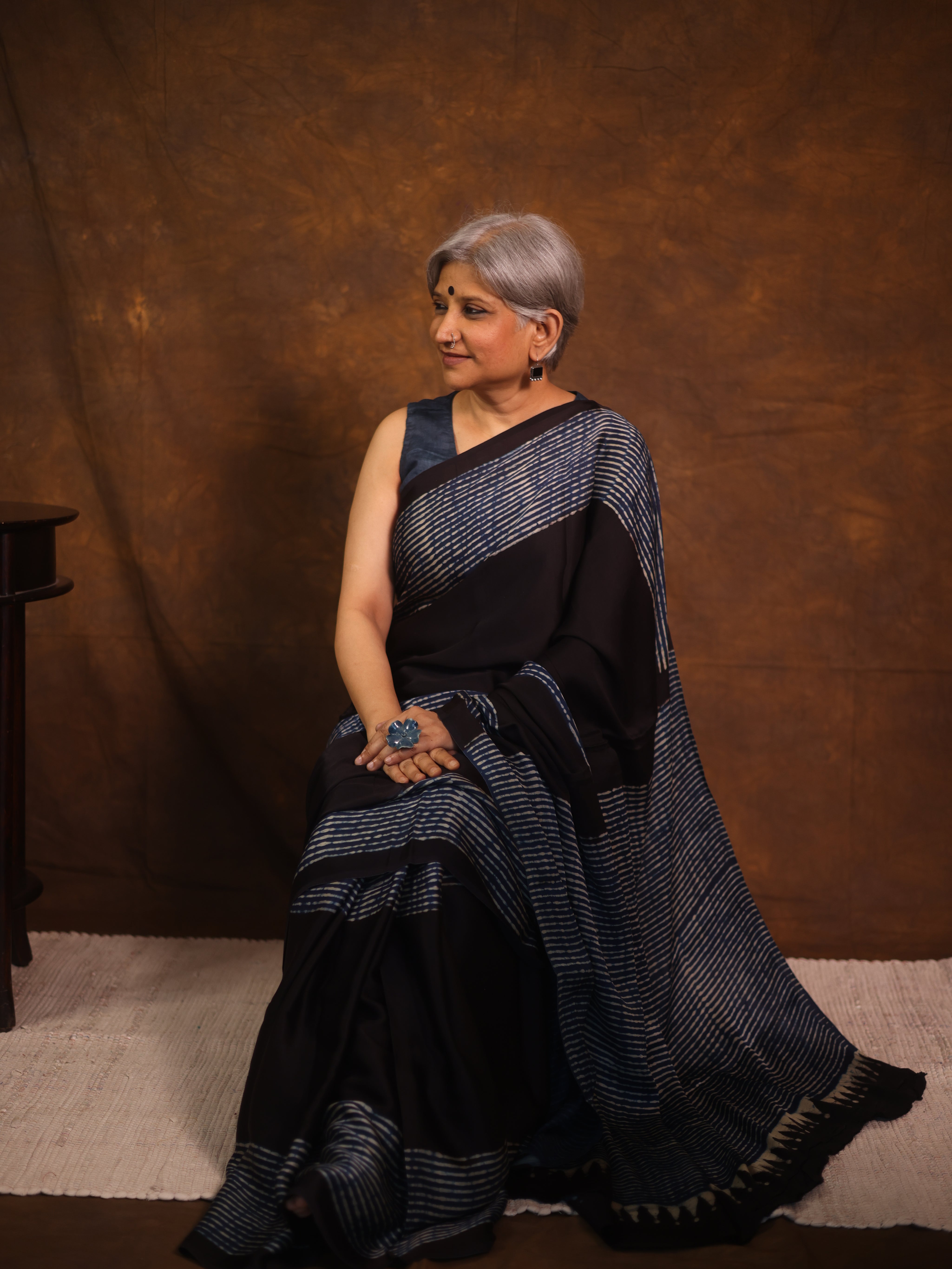 Navy Blue Striped  HBP Modal Silk Saree - SRNMSS559