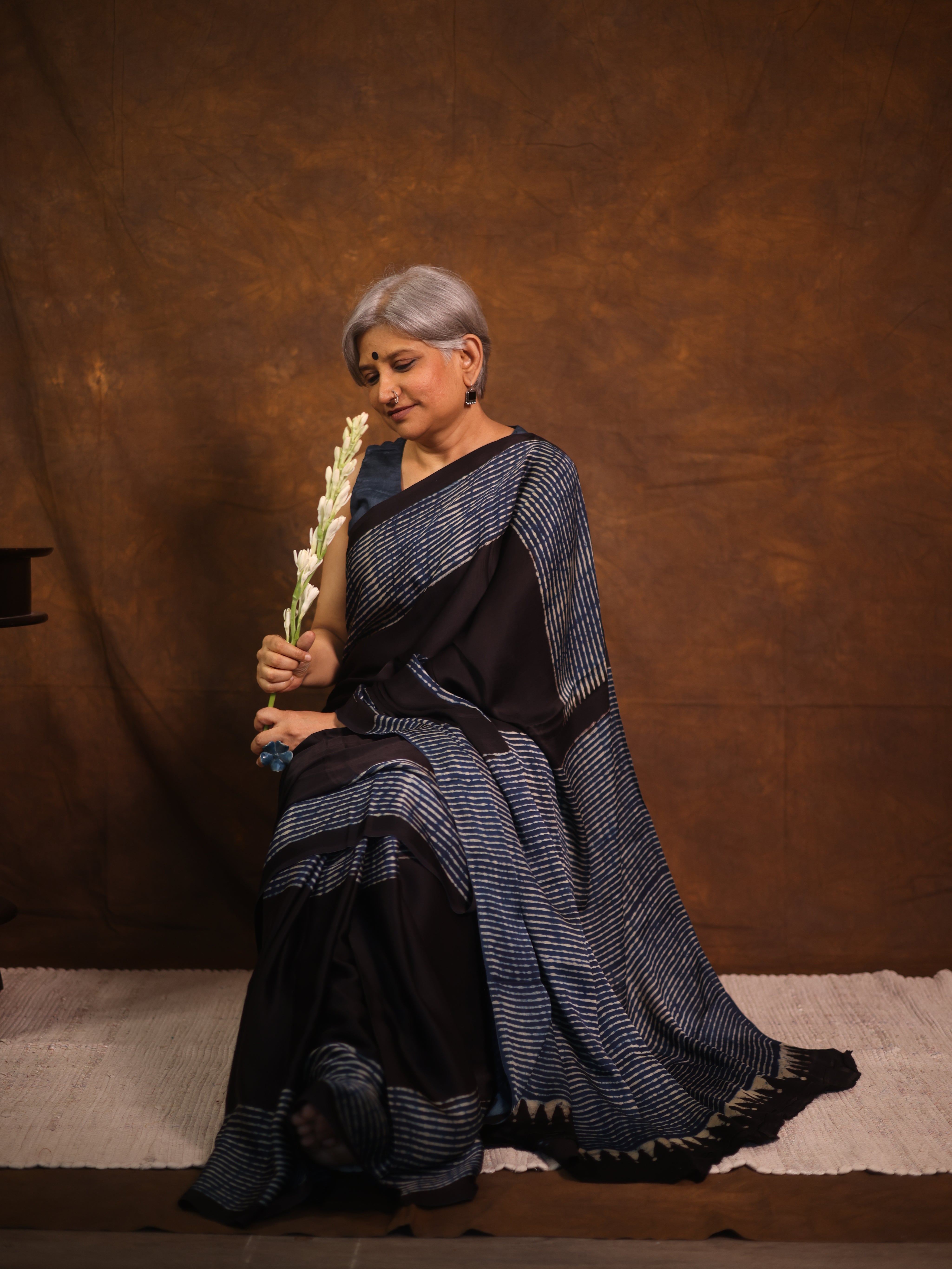 Navy Blue Striped  HBP Modal Silk Saree - SRNMSS559