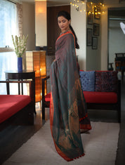 Green Plain Linen Saree With Pink Tassels - SRGPLS299