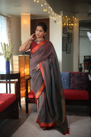 Green Plain Linen Saree With Pink Tassels - SRGPLS299