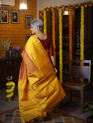 Mustard- Maroon Kanjeevaram Silk Saree-SRSMMKSS306