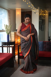 Green Plain Linen Saree With Pink Tassels - SRGPLS299