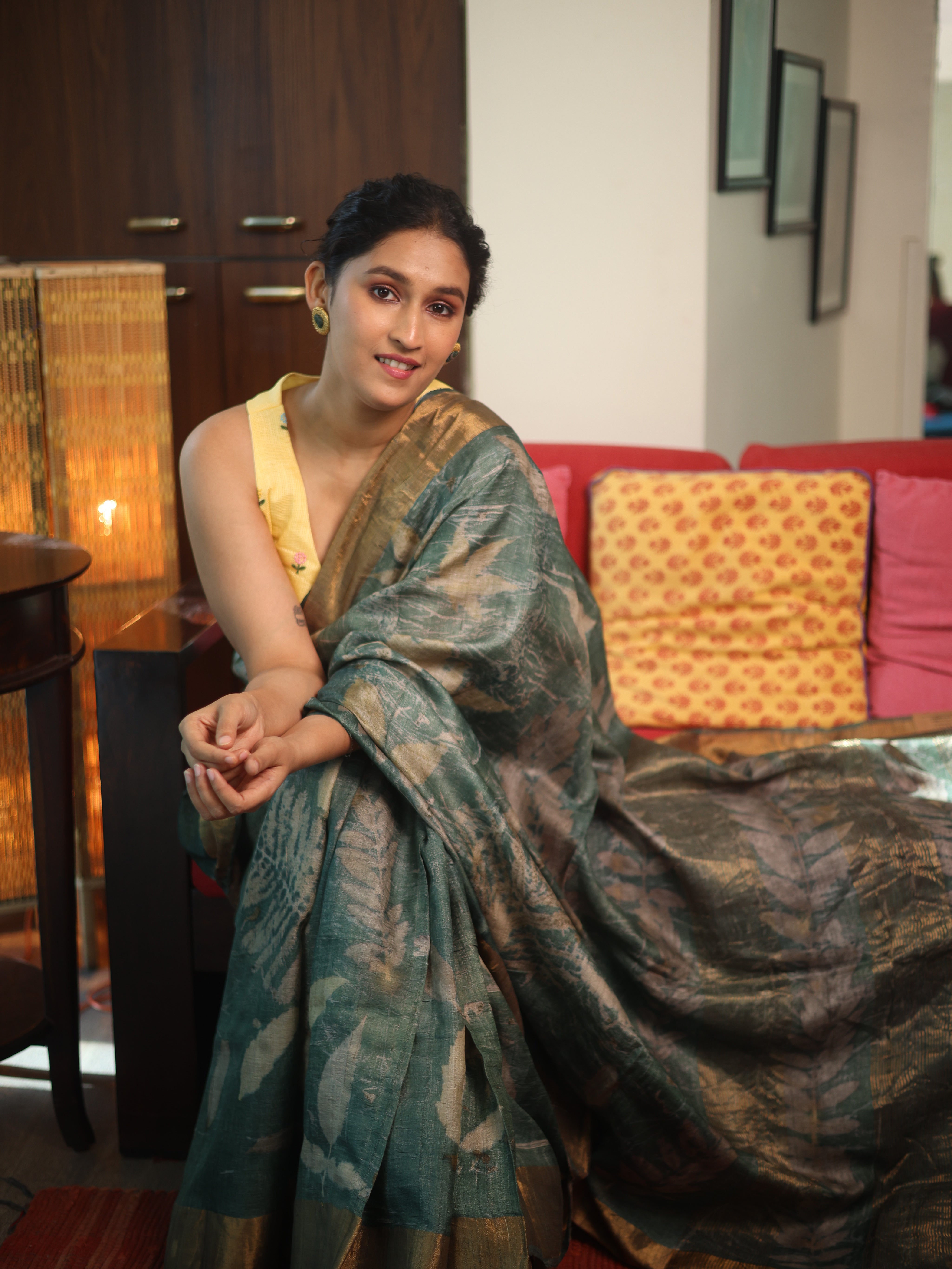 Rama Green Printed Tussar Silk Saree - SRRGPTSS018