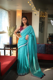 Sky Blue Plain Linen Saree With Magenta Tassels - SRSBPLS314