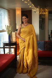 Yellow Plain Linen Saree With Yellow Tassels - SRYPLS317