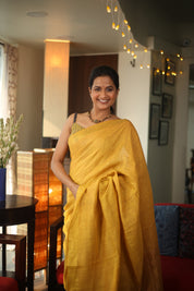Yellow Plain Linen Saree With Yellow Tassels - SRYPLS317