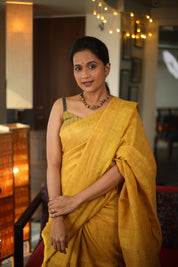 Yellow Plain Linen Saree With Yellow Tassels - SRYPLS317