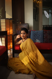 Yellow Plain Linen Saree With Yellow Tassels - SRYPLS317