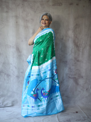 Green Silk Paithani Saree With Bandhani - SRGSPS521