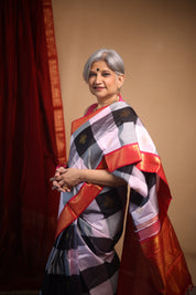 Black - Grey Checks Kanjivaram Silk Saree - SRBGCKSS1013