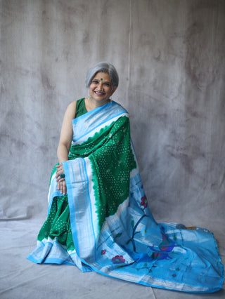 Green Silk Paithani Saree With Bandhani - SRGSPS521