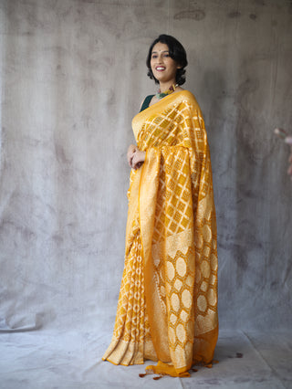 Yellow Bandhani Georgette Banarasi Silk Saree - SRYBGBSS423