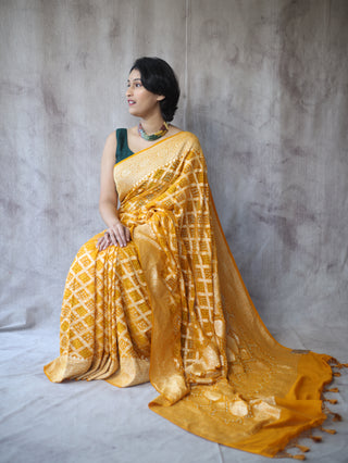 Yellow Bandhani Georgette Banarasi Silk Saree - SRYBGBSS423