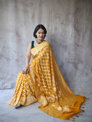 Yellow Bandhani Georgette Banarasi Silk Saree - SRYBGBSS423