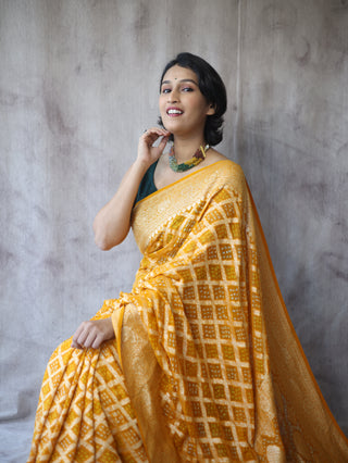 Yellow Bandhani Georgette Banarasi Silk Saree - SRYBGBSS423