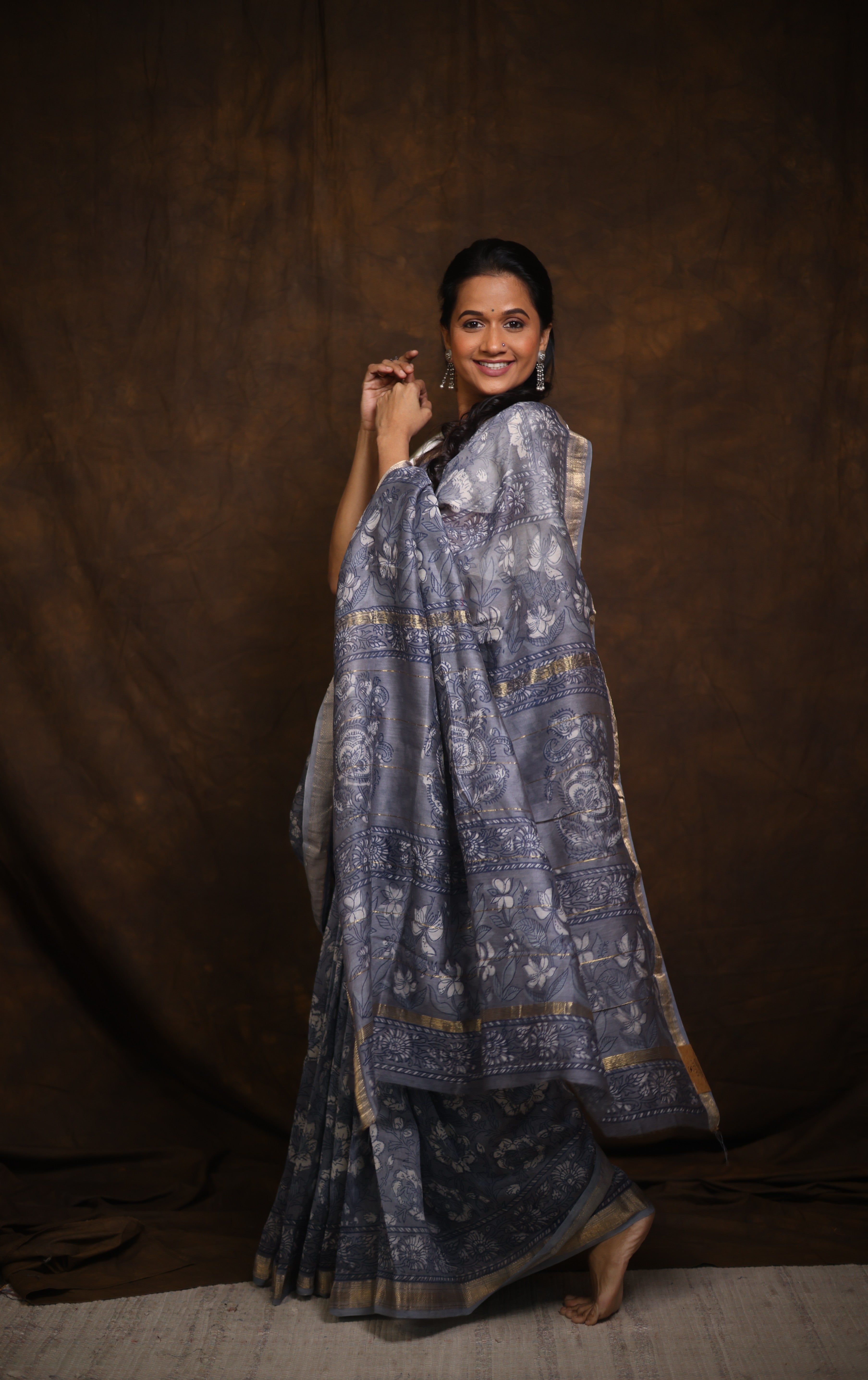 Ash Blue HBP Cotton Silk Saree With Maheshwari Border - SRABCSS1280