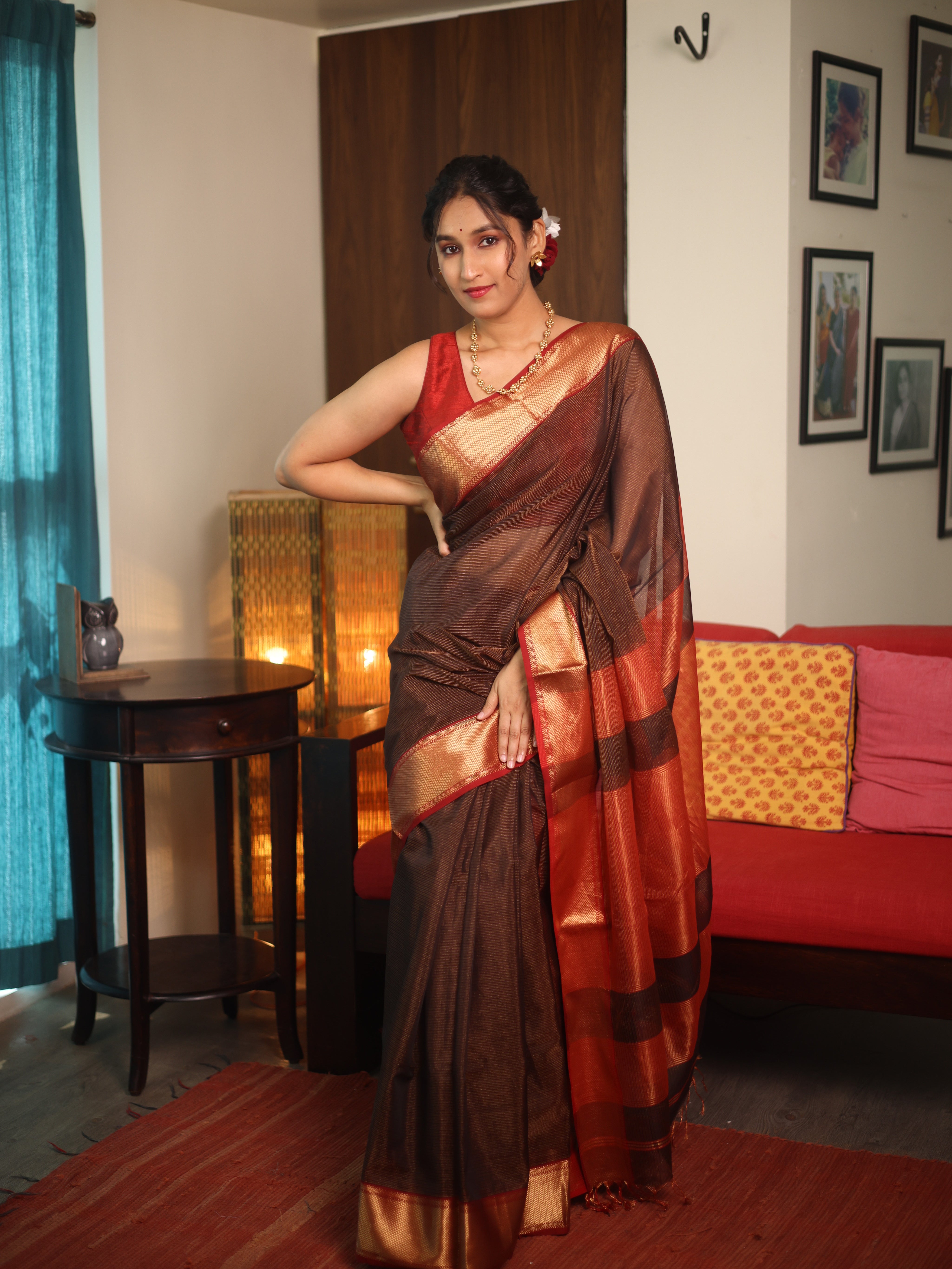 Brown Maheshwari Tissue Saree - SRBMTS610