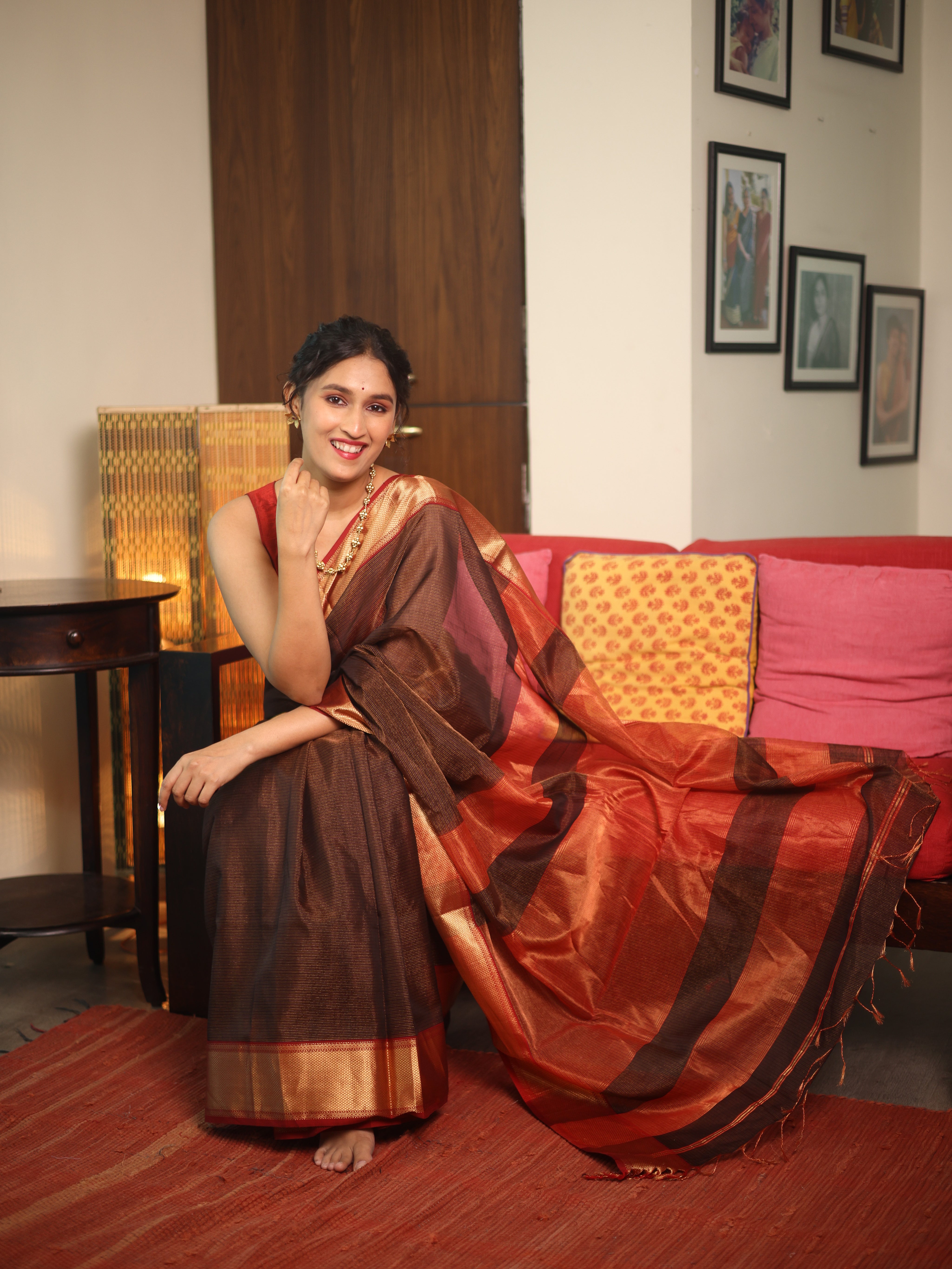 Brown Maheshwari Tissue Saree - SRBMTS610