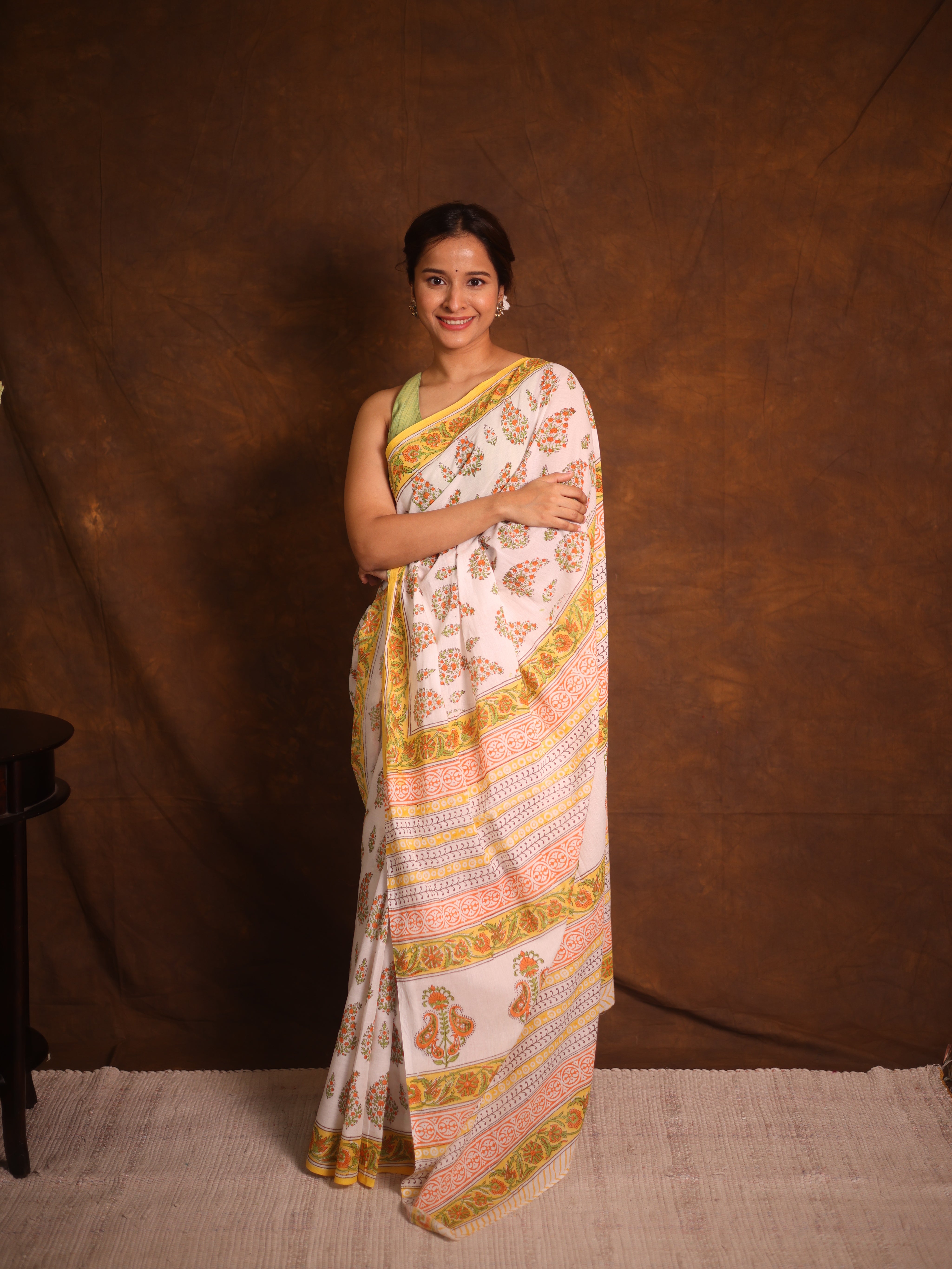 White Floral Cotton  HBP Cotton Saree - SRWFCS3346