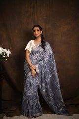 Ash Blue HBP Cotton Silk Saree With Maheshwari Border - SRABCSS1280