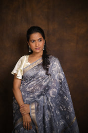 Ash Blue HBP Cotton Silk Saree With Maheshwari Border - SRABCSS1280
