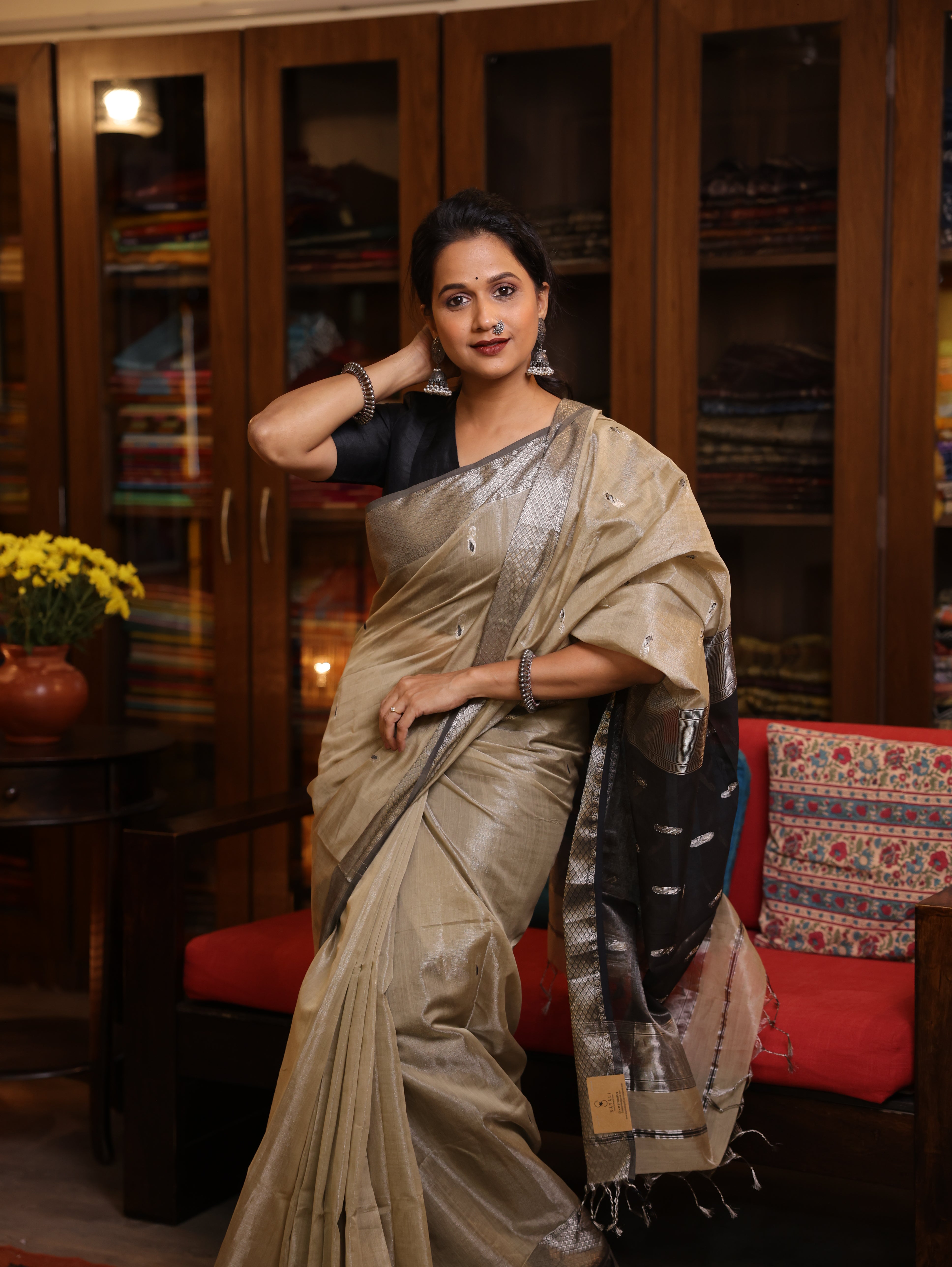 Beige Maheshwari Tissue Saree - SRBMTS389