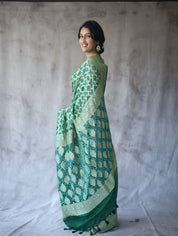 Dark Green Bandhani Georgette Banarasi Silk Saree - SRDGBGBSS424