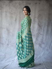 Dark Green Bandhani Georgette Banarasi Silk Saree - SRDGBGBSS424