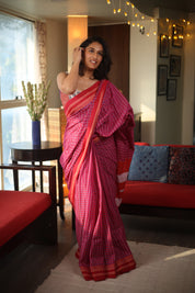 Pink Check Cotton Ilkal Saree with Gayatri Border - SRPCCIS598