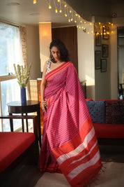 Pink Check Cotton Ilkal Saree with Gayatri Border - SRPCCIS598