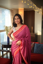 Pink Check Cotton Ilkal Saree with Gayatri Border - SRPCCIS598