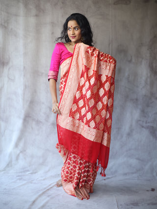 Red Bandhani Georgette Banarasi Silk Saree - SRRBGBSS419