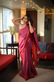 Pink Check Cotton Ilkal Saree with Gayatri Border - SRPCCIS598